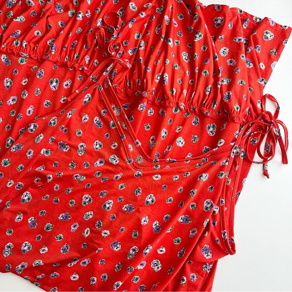 ModCloth It's a Go Tie Shoulder Red Floral Ruffle Midi Dress